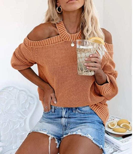 Off-the-shoulder solid color loose knit sweater