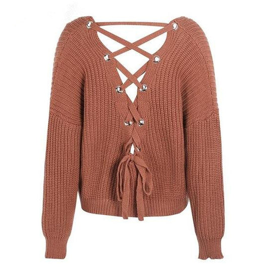 Winter Autumn Women Sexy Backless Cross Straps Sweater Women Loose Knitted V-neck Pullovers Sweater