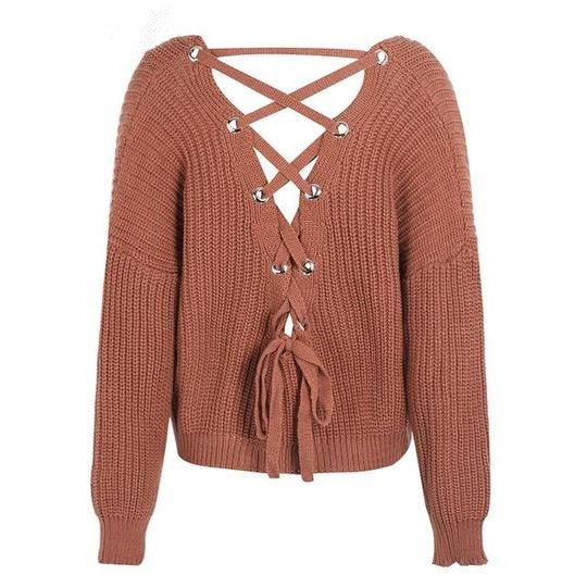 Winter Autumn Women Sexy Backless Cross Straps Sweater Women Loose Knitted V-neck Pullovers Sweater