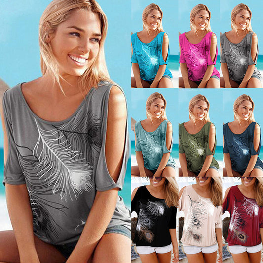 Sexy off-the-shoulder feather print short sleeves