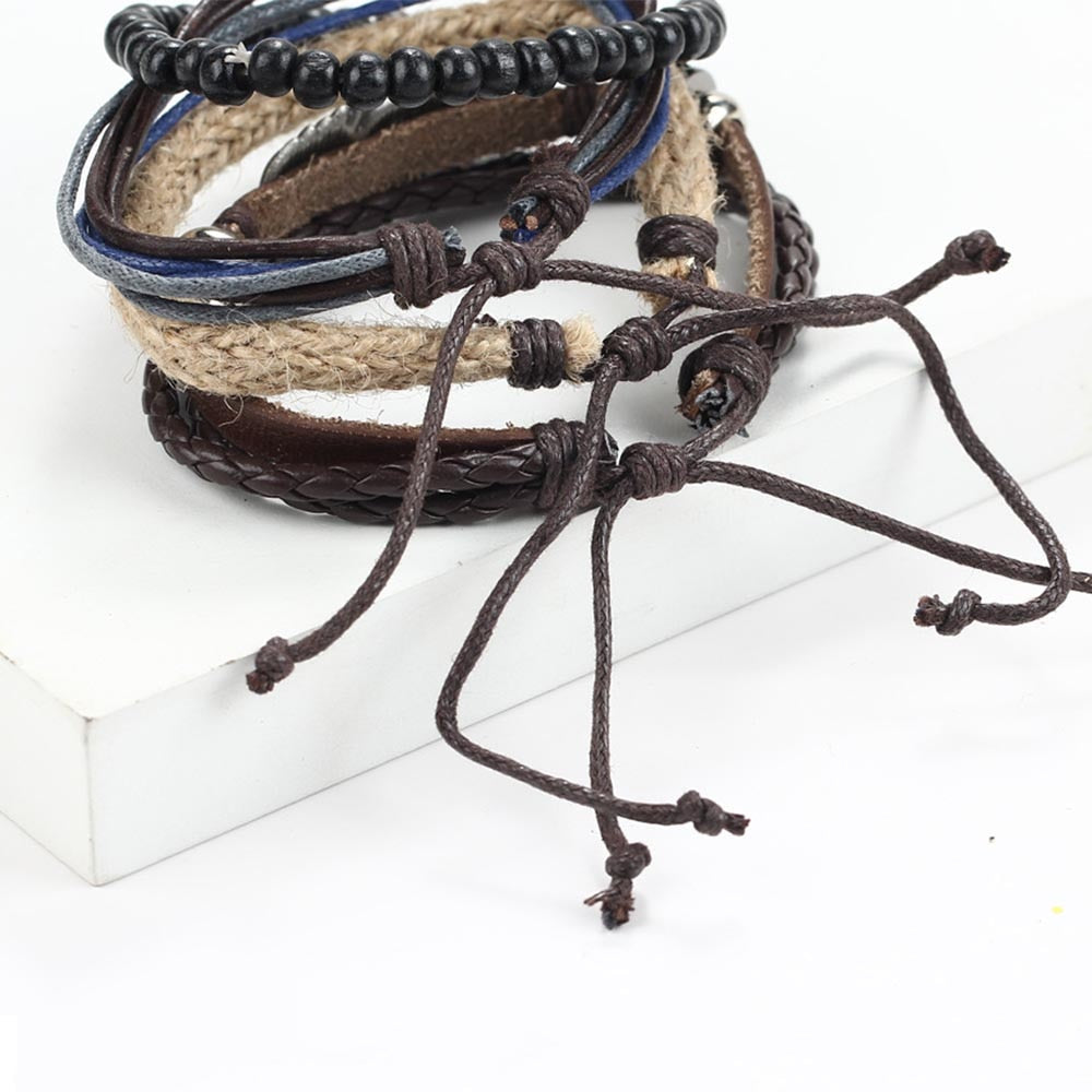 New Angel Wing Feather Alloy Multilayer Wood Bead Weaving Beaded Wax Rope Bracelet Star with Bracelet Jewelry