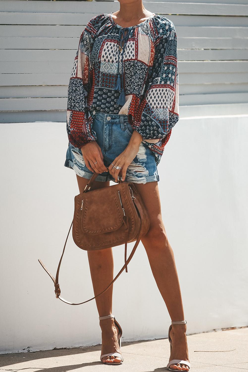 Multicolor Floral Print Peasant Blouse