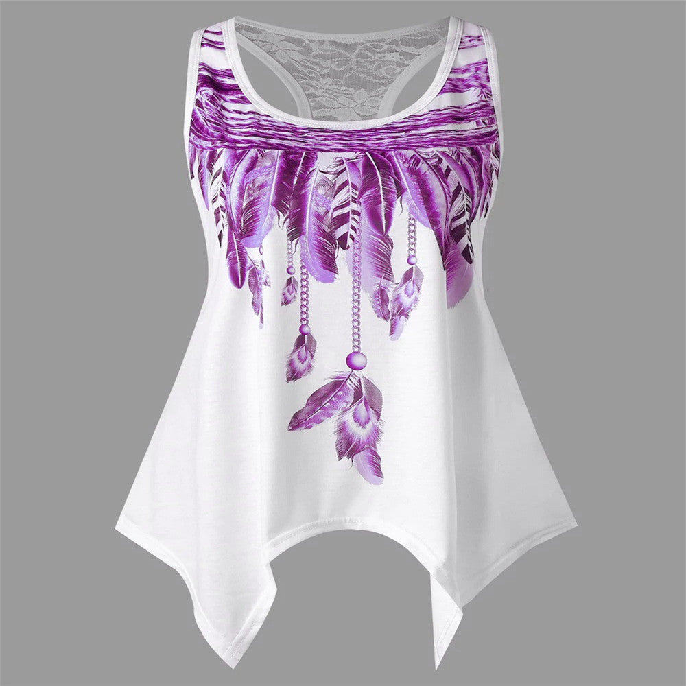 Feather Print Lace T-Shirt Summer Crew Neck Sleeveless Top