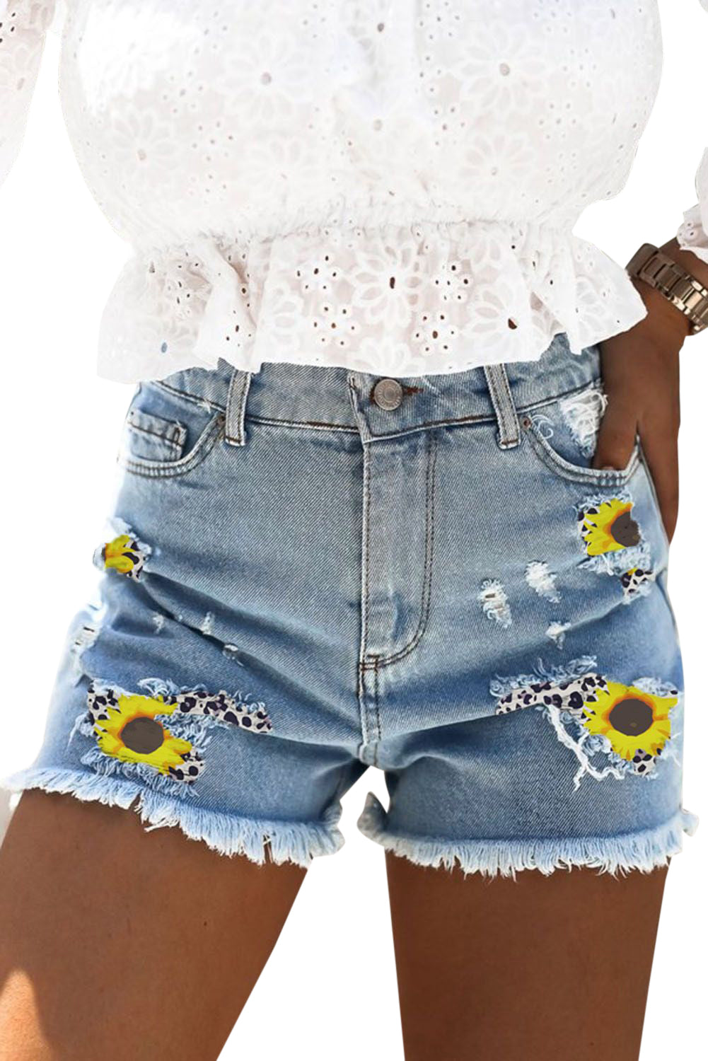 Casual Ripped Raw Hem Denim Shorts