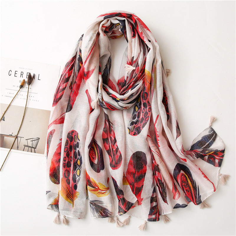 Female Color Feather Silver Silk Print Shawl