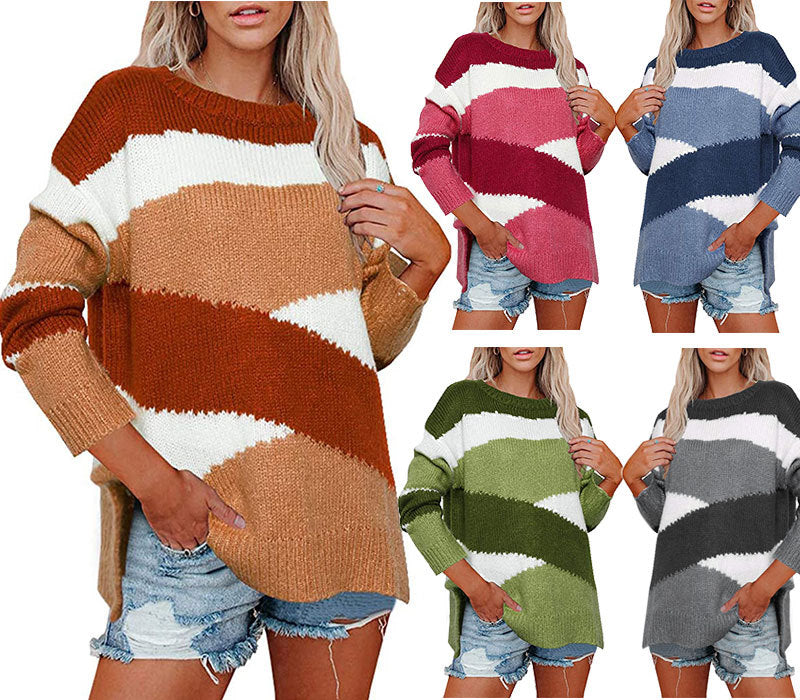 Women's loose knit sweater with irregular stripes