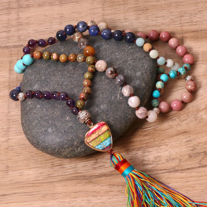 Women's Boho Colorful Stone Pendant Tassel Necklace
