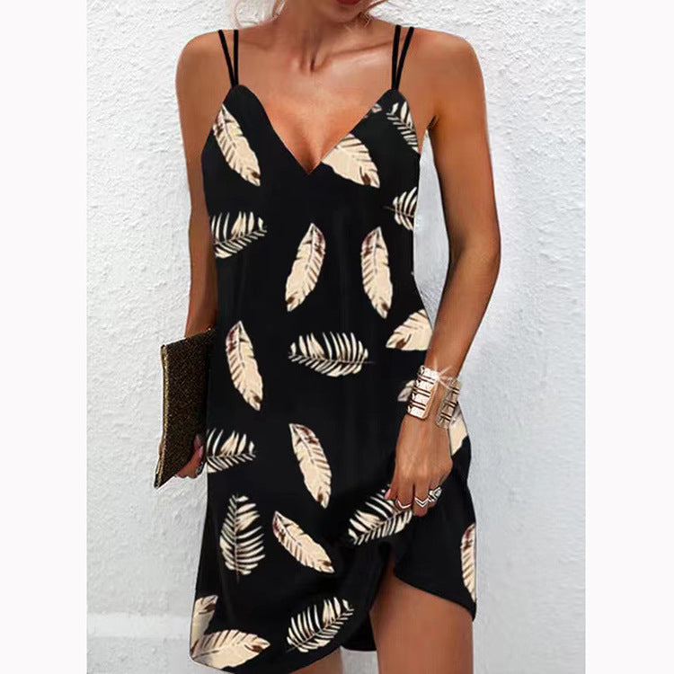 Seamless V-neck Printed Two-shoulder Suspender Dress For Women
