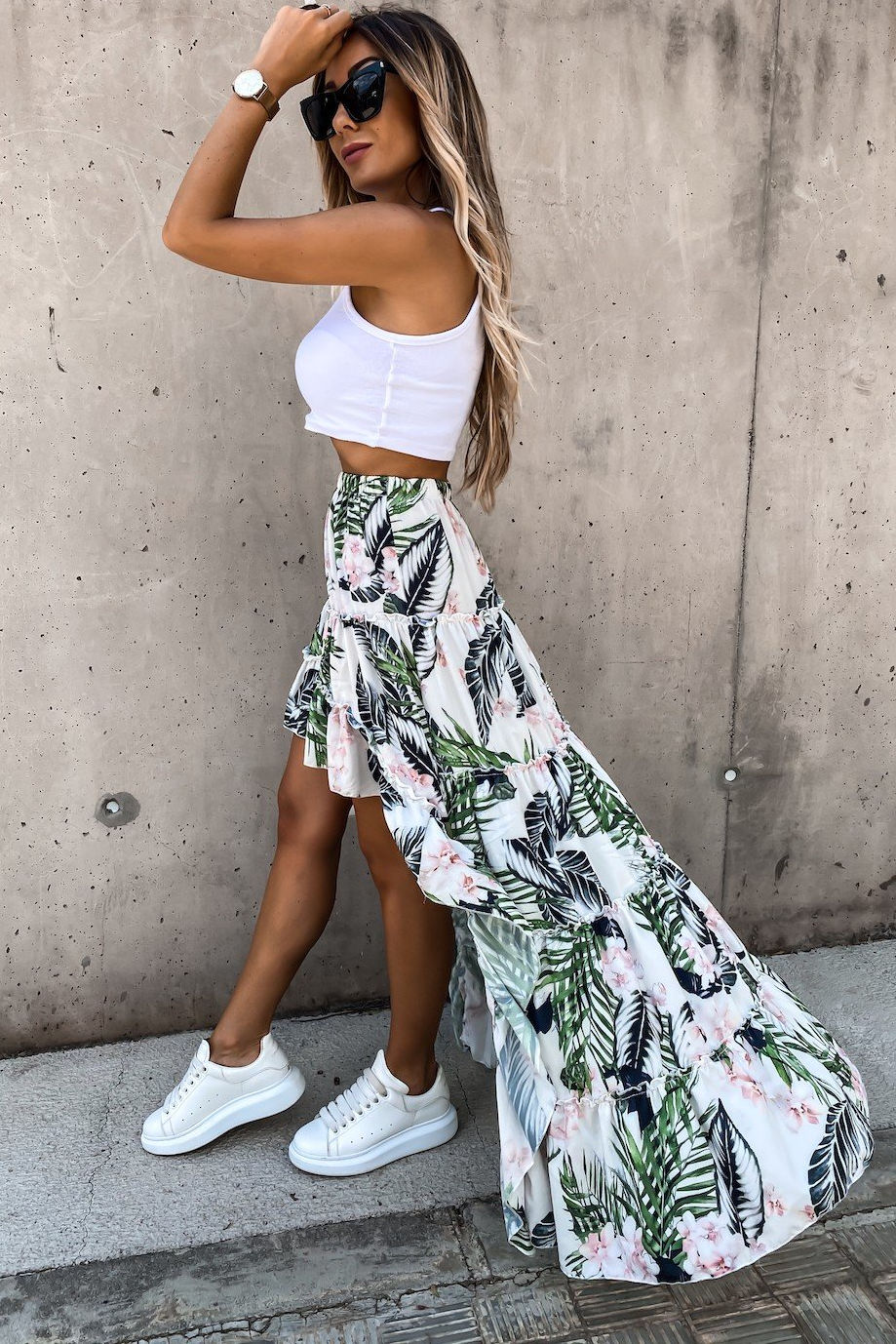 Tropical Floral Print Tiered Ruffle High Low Skirt