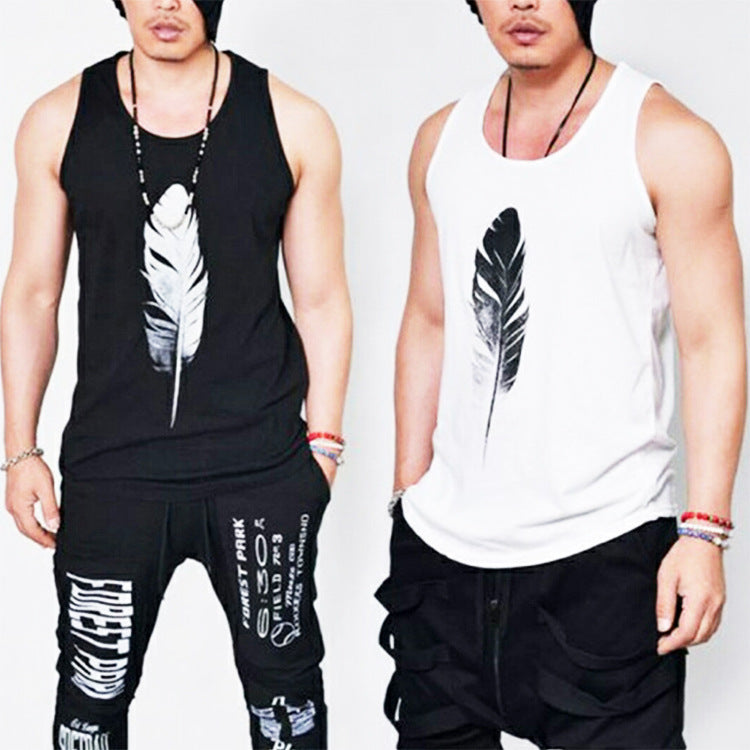 Summer Solid Color Black And White Feather Print Sleeveless T-shirt