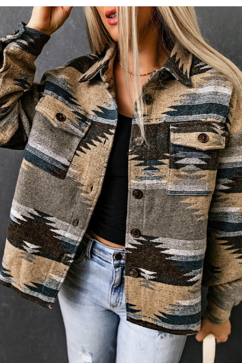 Distressed Aztec Print Lapel Long Sleeve Button Shirt Jacket