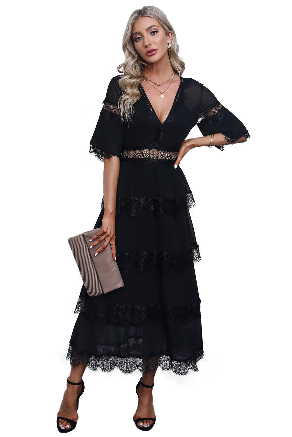 Swiss Dot Print See-through Lace Patch Layered Long Dress