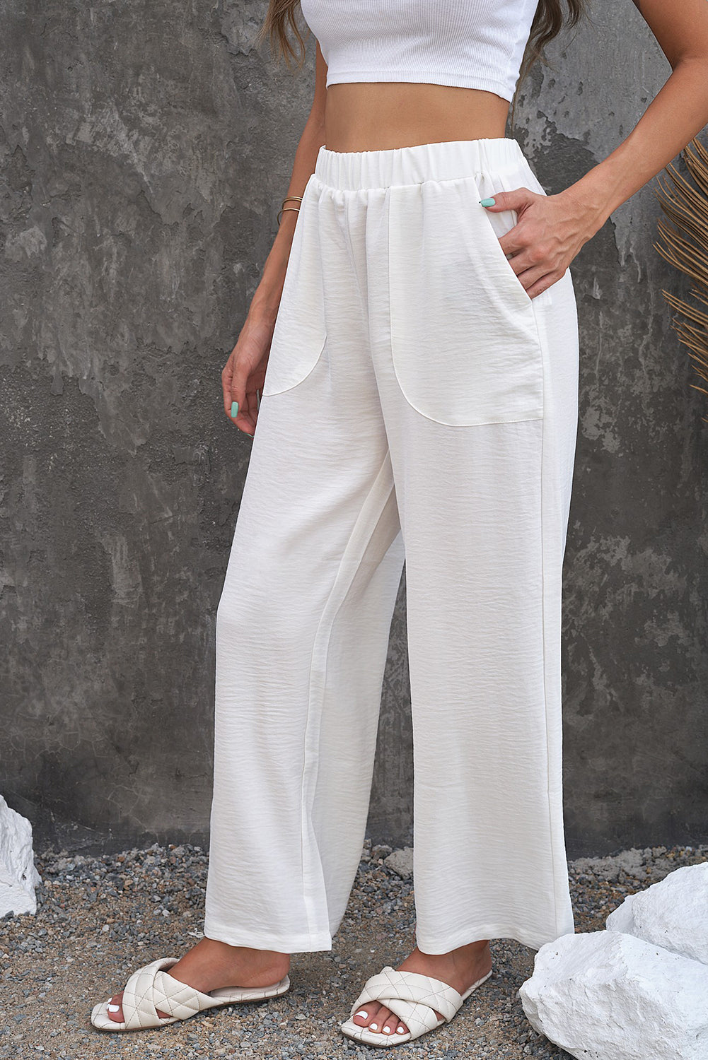 Elastic Waist Pocketed Wide Leg Pants