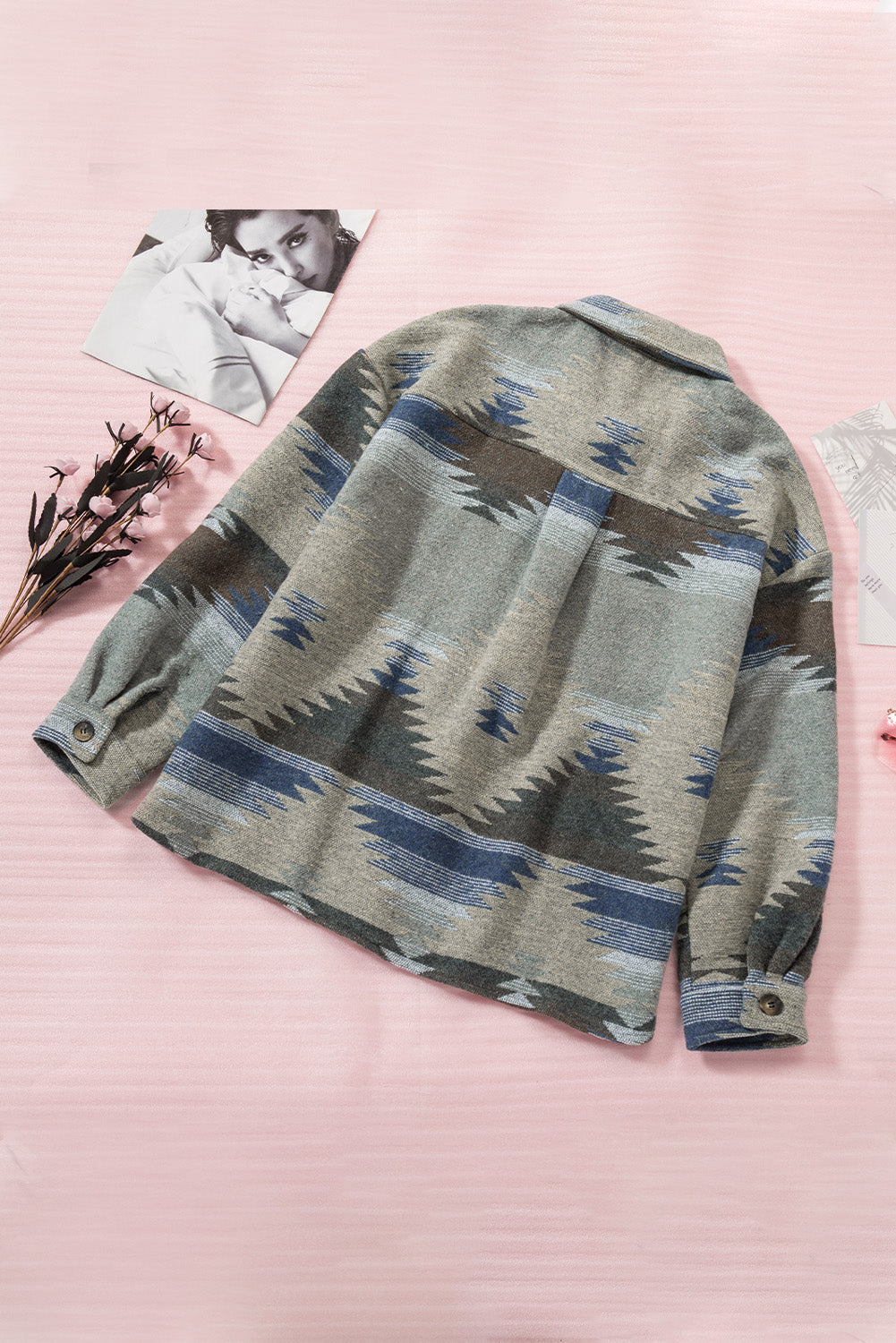 Distressed Aztec Print Lapel Long Sleeve Button Shirt Jacket