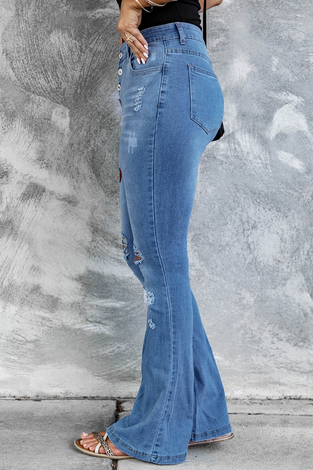 Dark Blue Mid Rise Button Front Flare Denim