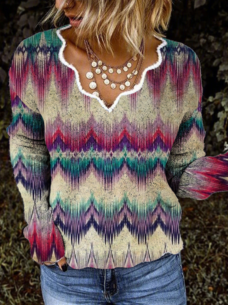 Women's Fashion Embroidered V-neck Printed Loose Long Sleeve Sweater