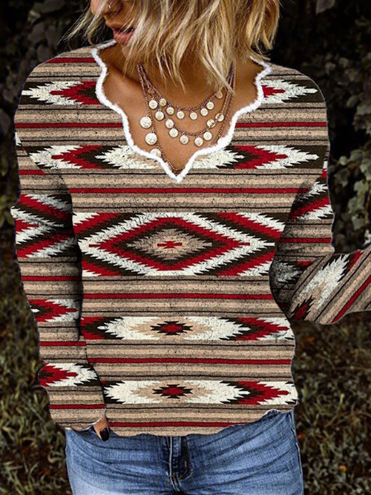 Women's Fashion Embroidered V-neck Printed Loose Long Sleeve Sweater