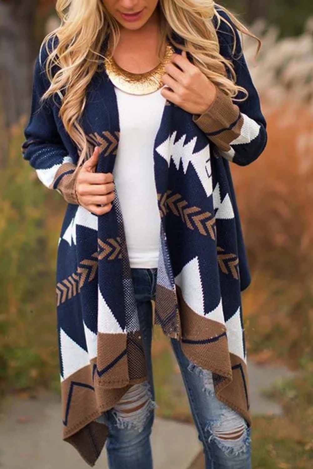 Color-Block Long Sleeve Casual Tribal Cardigan