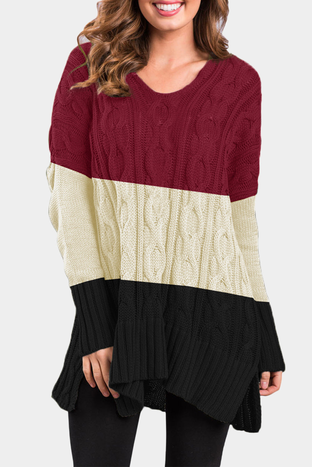 Colorblock Cable Knit Sweater with Slits