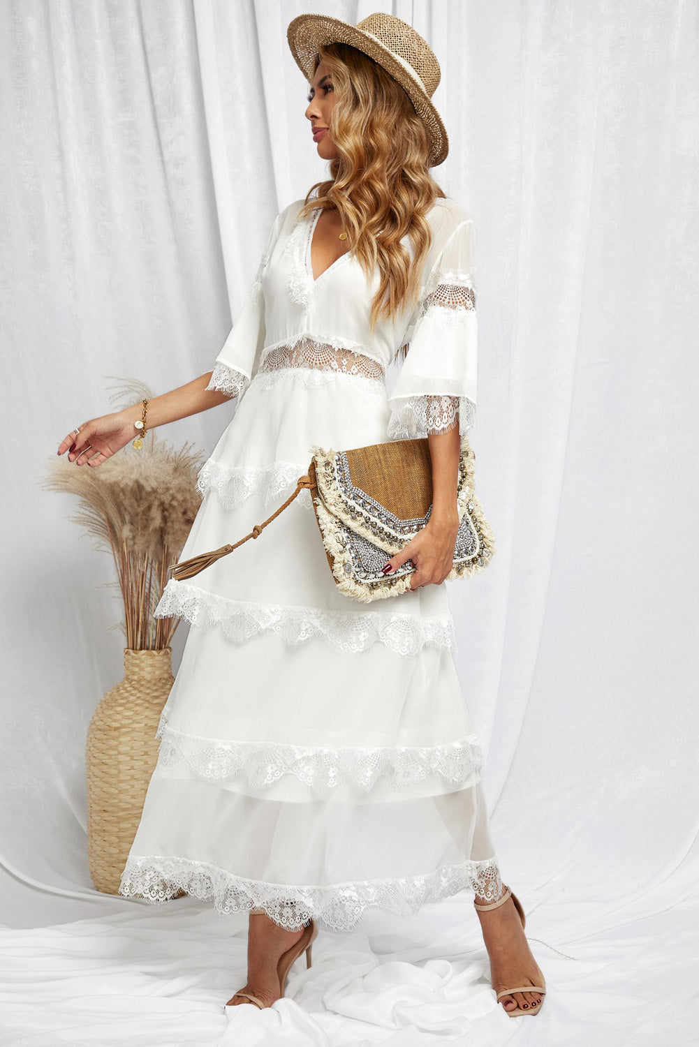 Swiss Dot Print See-through Lace Patch Layered Long Dress