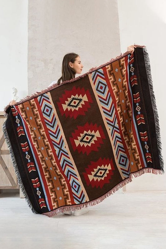 Multicolor Western Aztec Geometric Tasseled Large Blanket 90*210cm