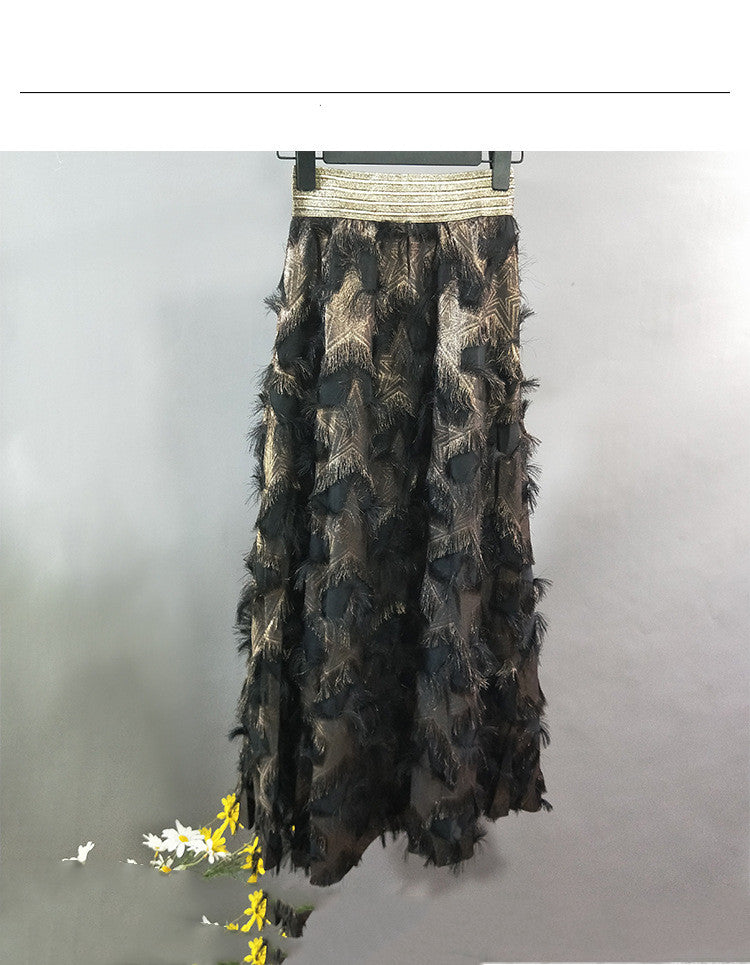 Gold Thread Elastic Waist Long Feather Skirt Skirt