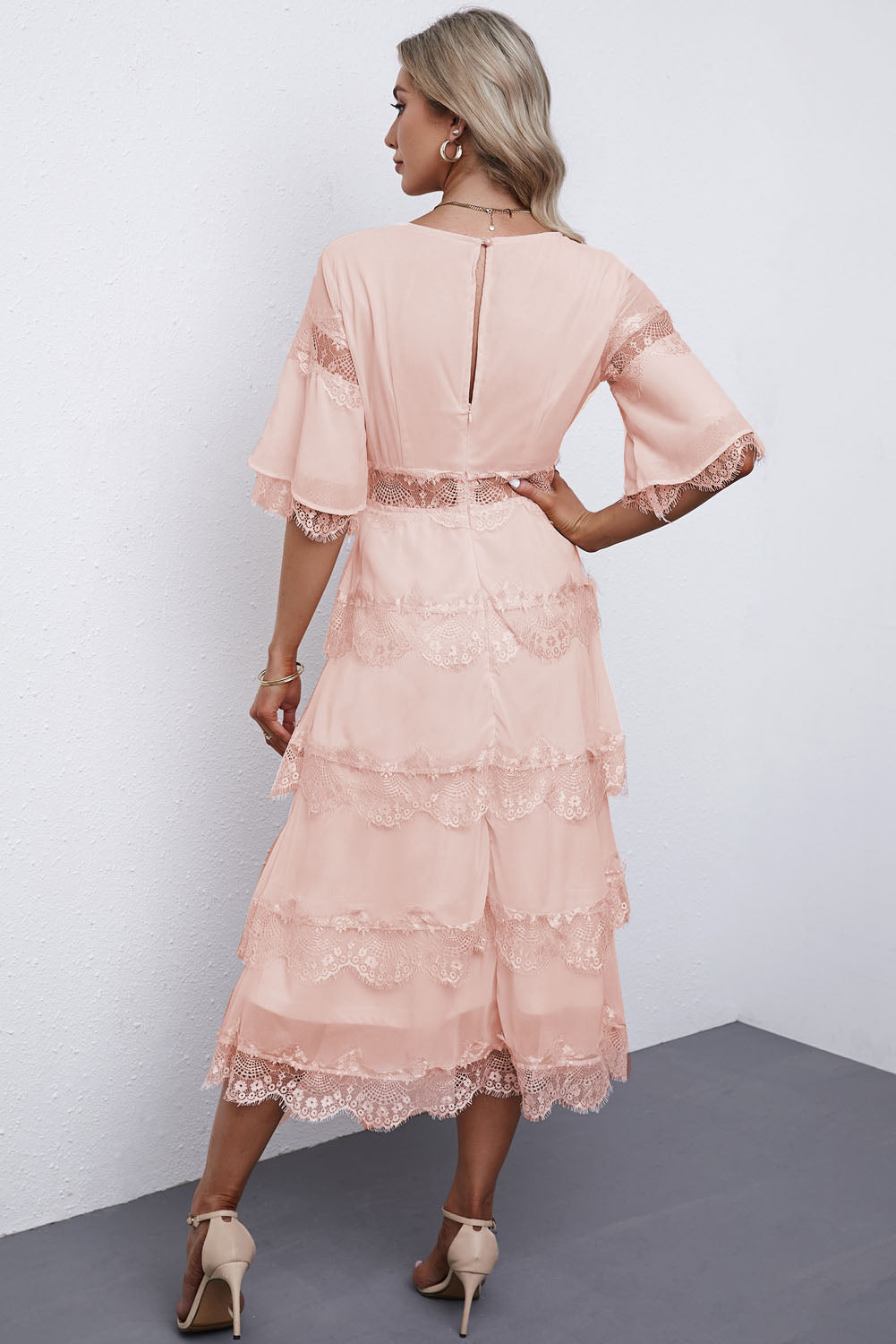 Swiss Dot Print See-through Lace Patch Layered Long Dress