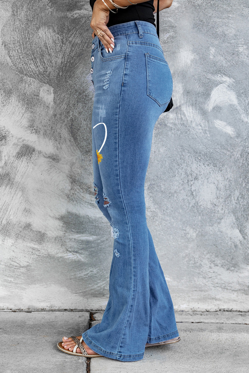 Dark Blue Mid Rise Button Front Flare Denim