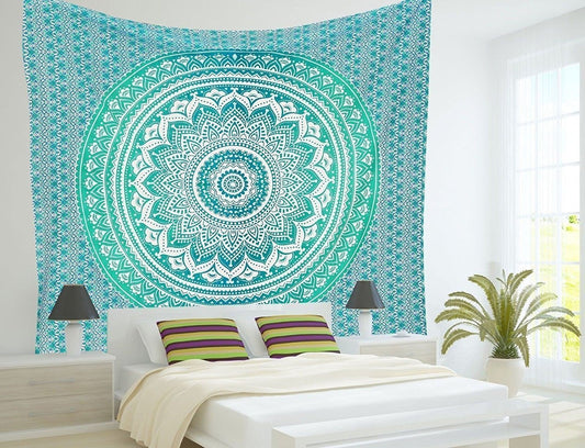 Indian Mandala Tapestry Green Blue Flower Beautiful Wall Art Tapestry 210x150cm Bedspread Beach Towel Yoga Blanket Table Cloth