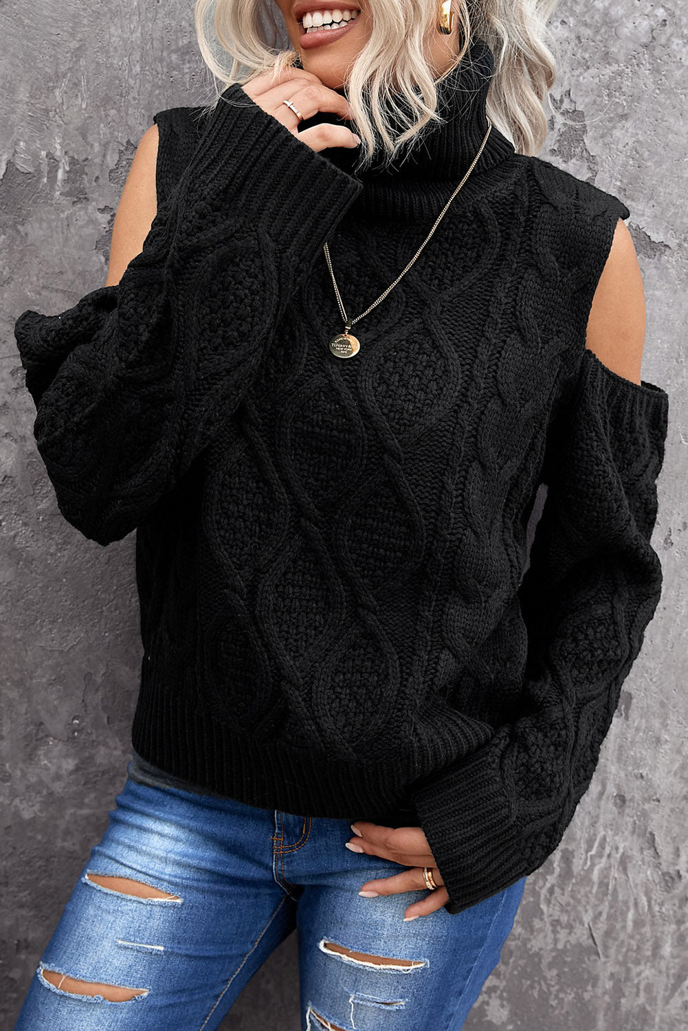Turtleneck Cold Shoulder Textured Sweater