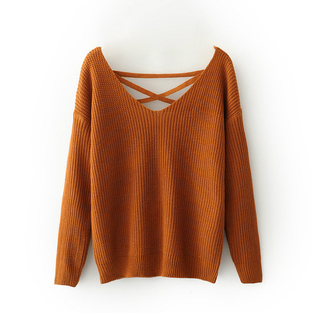 Winter Autumn Women Sexy Backless Cross Straps Sweater Women Loose Knitted V-neck Pullovers Sweater