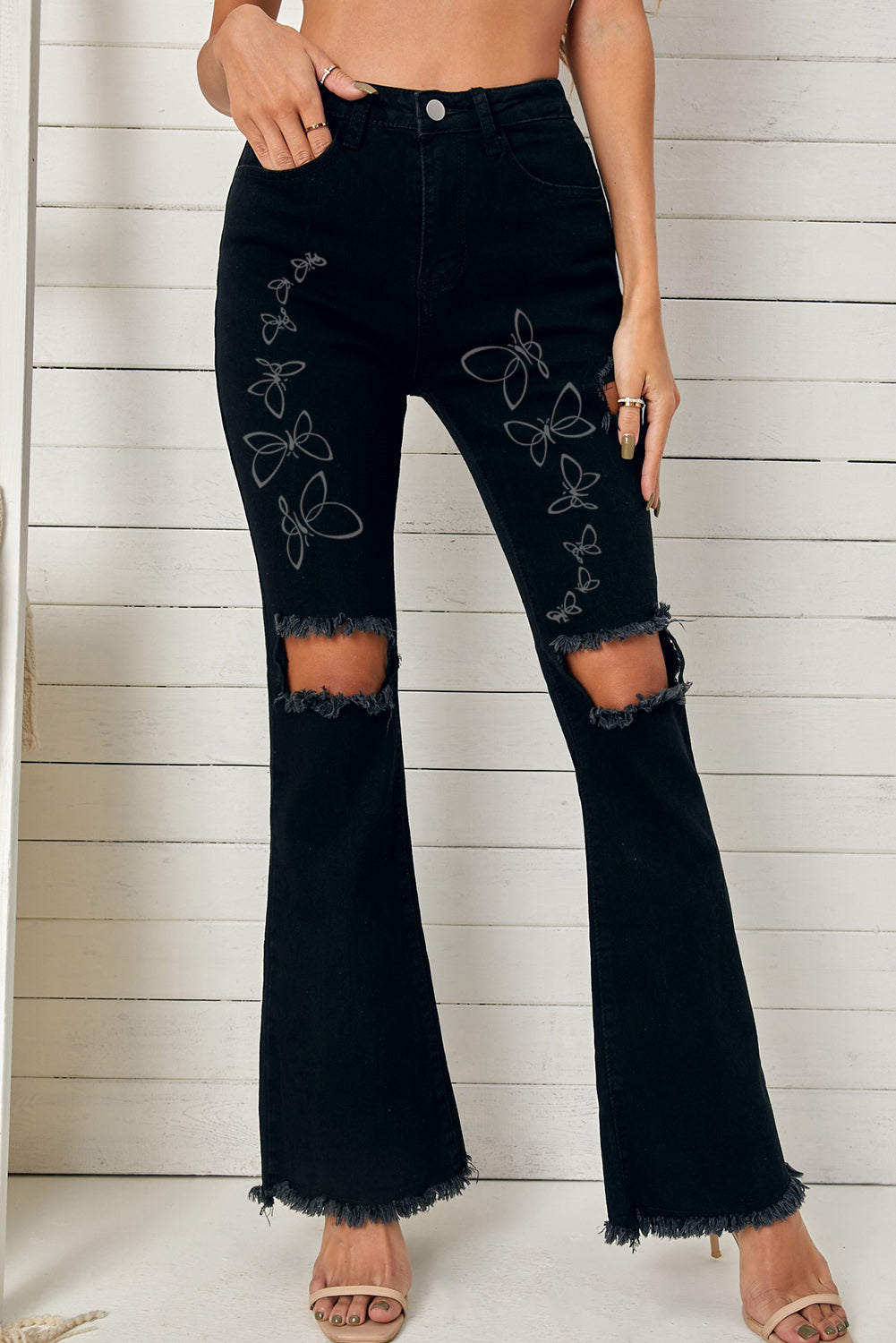 High Waist Ripped Bell Bottom Jeans