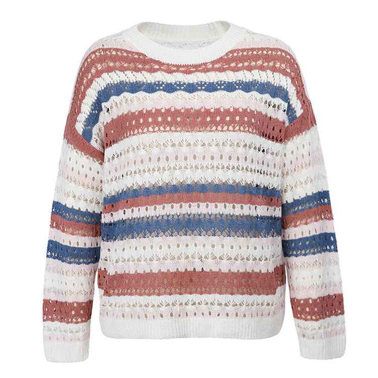 Hollow Knitted Sweater Color Stripe Stitching Round Neck Sweater Women