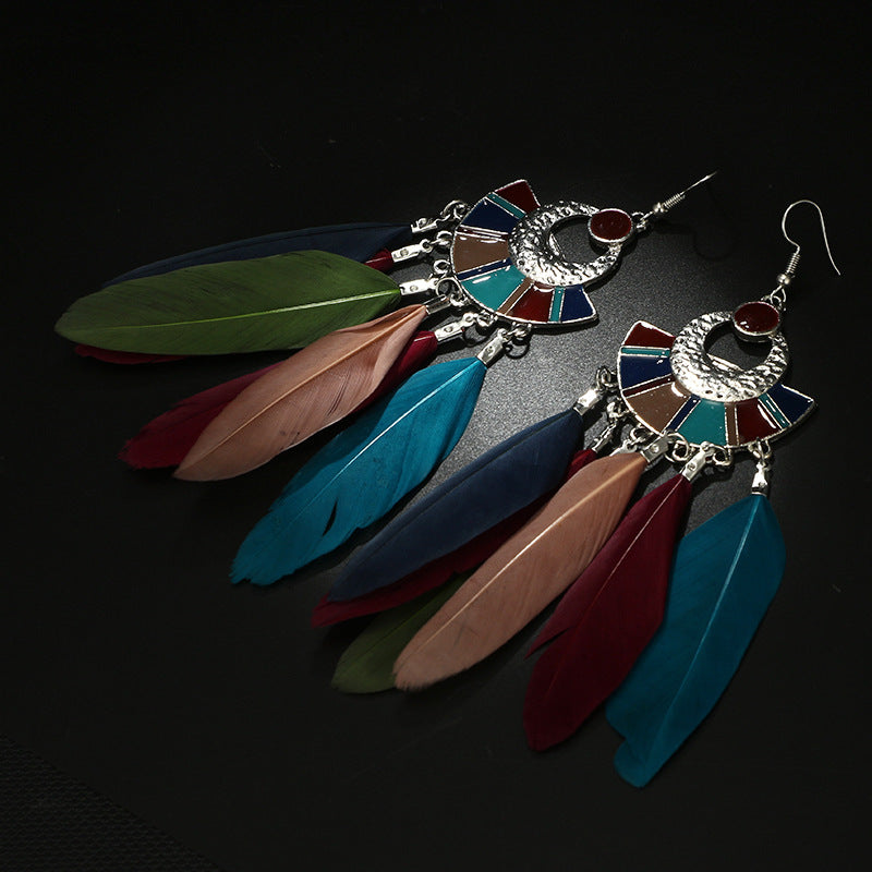 Europe and the United States foreign trade new exaggerated animal feather fan-shaped color long earrings earrings earrings jewelry