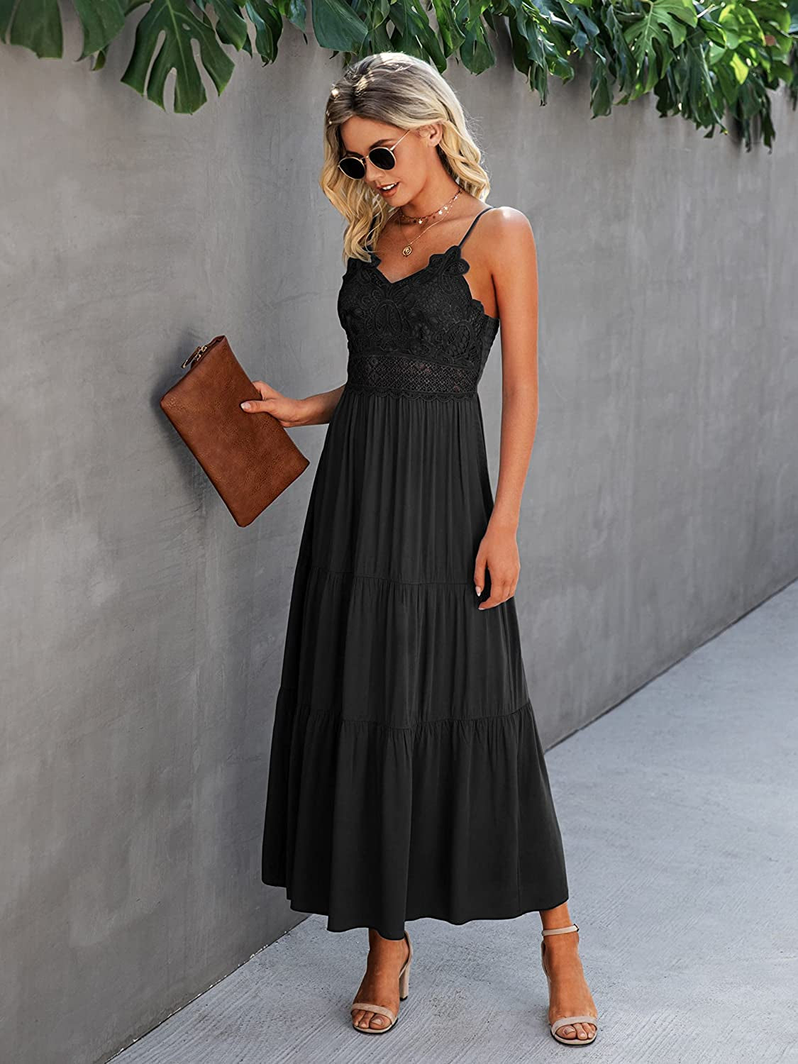 Women'S Beach Crochet Lace Maxi Dress Solid Color Summer Vacation Spaghetti Strap Long Dress 2023