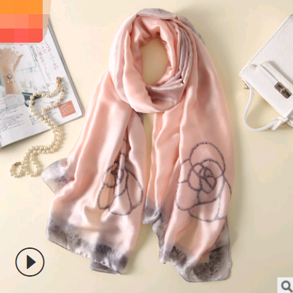 Spring, summer and autumn, new flowers, elegant and high-end artificial silk scarf, female decorative shawl, sunscreen beach towel