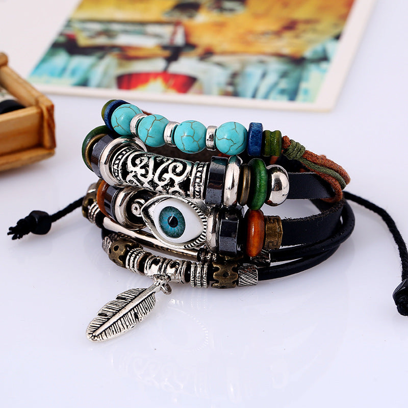 Ethnic style alloy feather leather bracelet