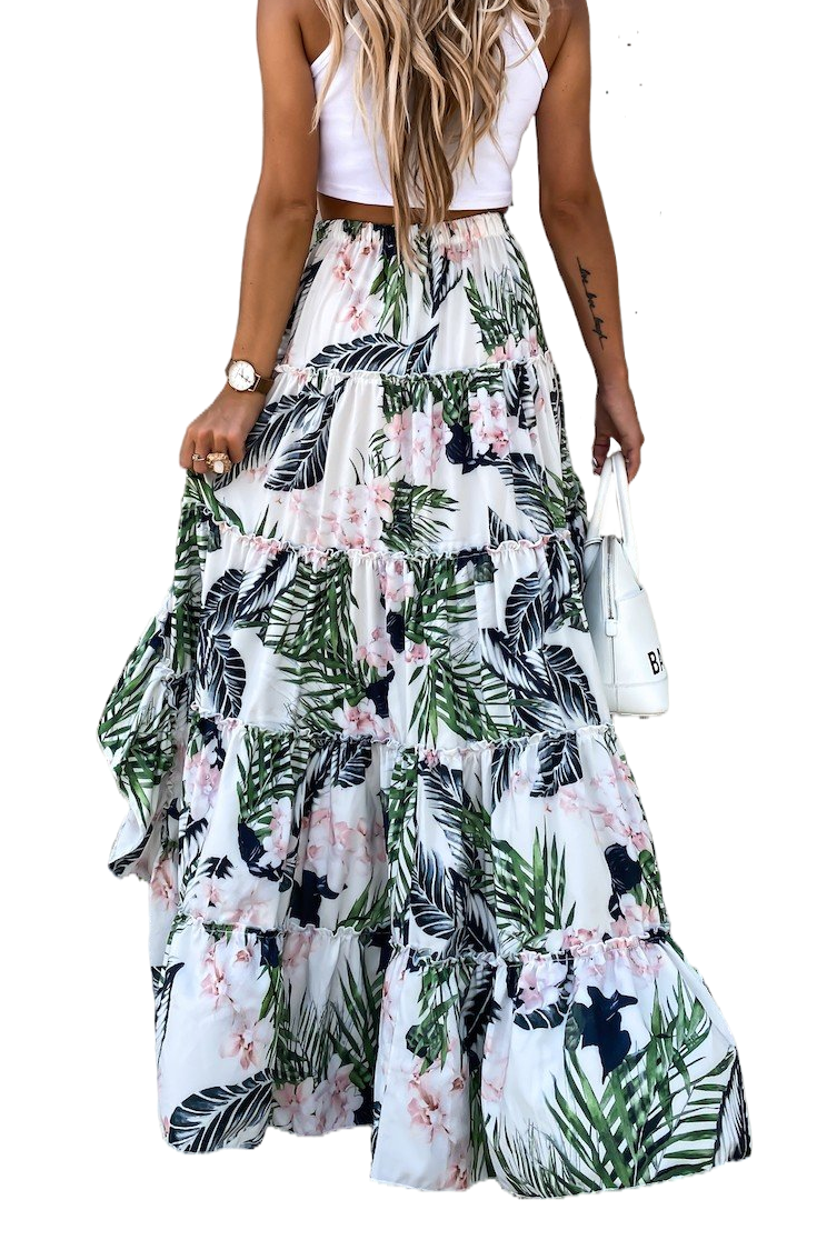 Tropical Floral Print Tiered Ruffle High Low Skirt