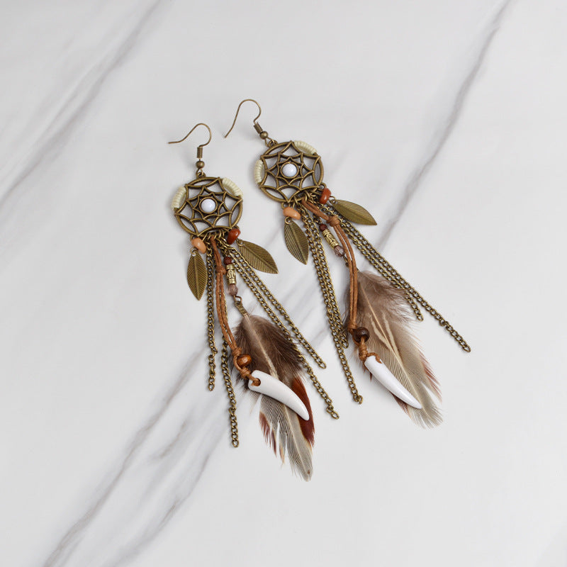 Vintage Dreamcatcher Metal Leaf Feather Pendant Stud Earrings