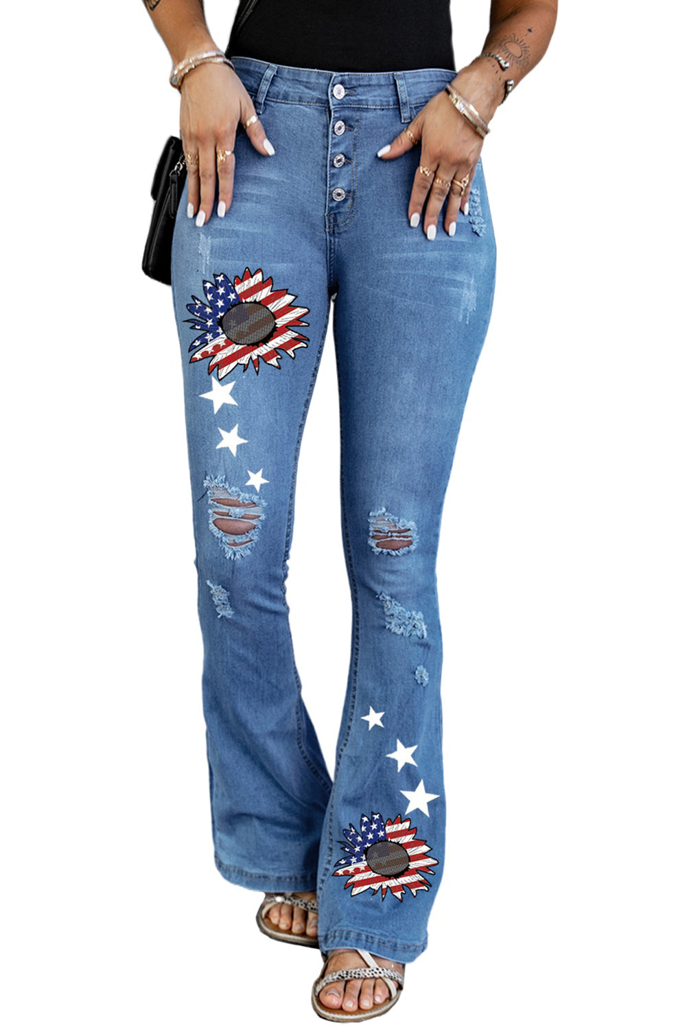Dark Blue Mid Rise Button Front Flare Denim