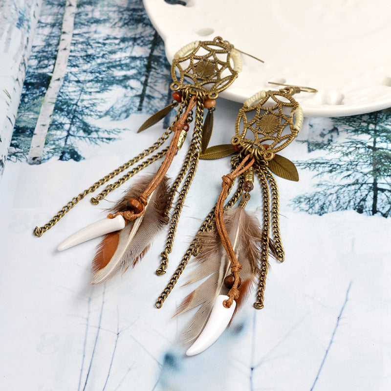 Vintage Dreamcatcher Metal Leaf Feather Pendant Stud Earrings