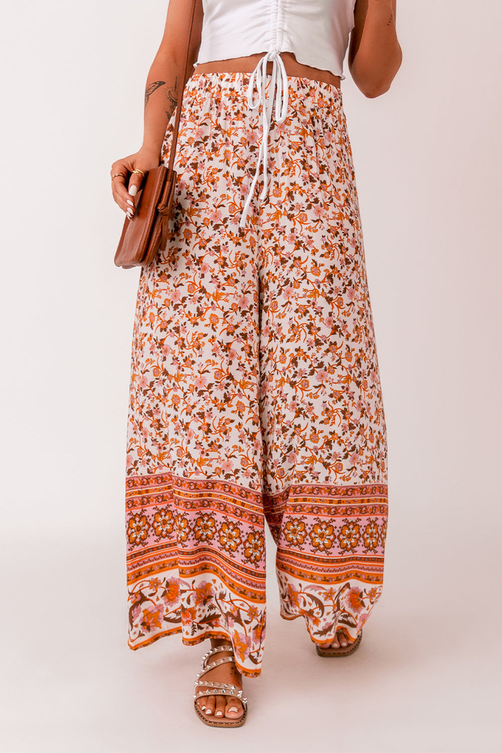 Boho Floral Print Wide Leg Pants