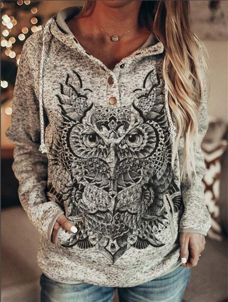 Owl Print Hooded Casual Loose Long Sleeve Women Trendy Sweater