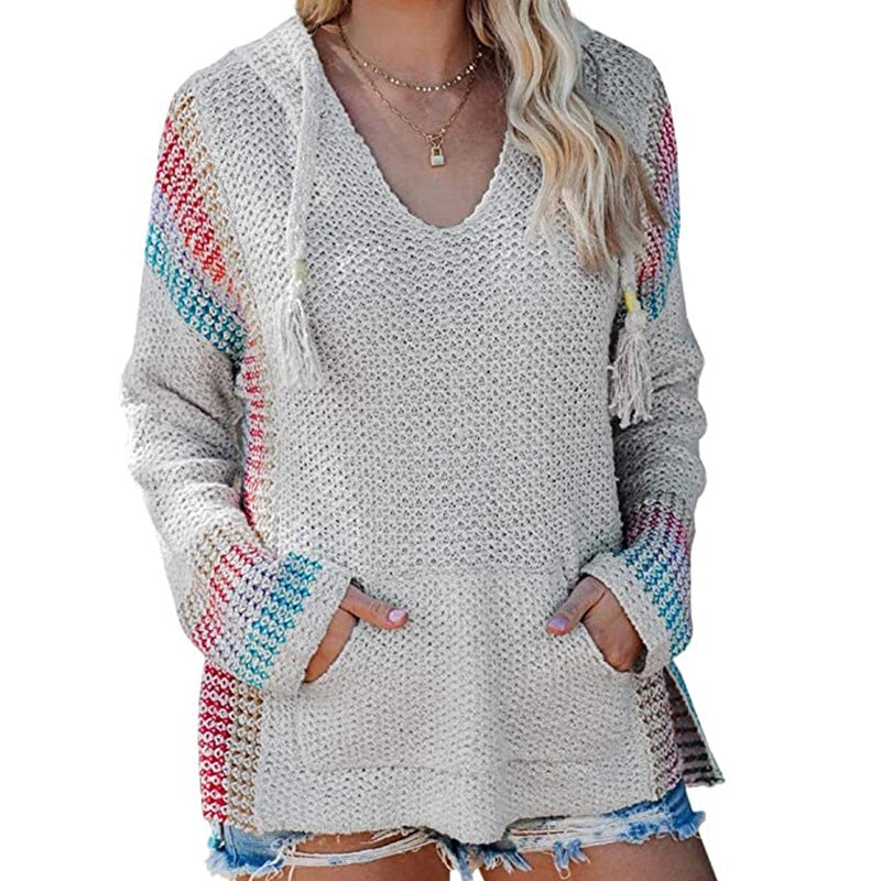Striped Color Matching Hooded Long Sleeve Pullover Loose Sweater