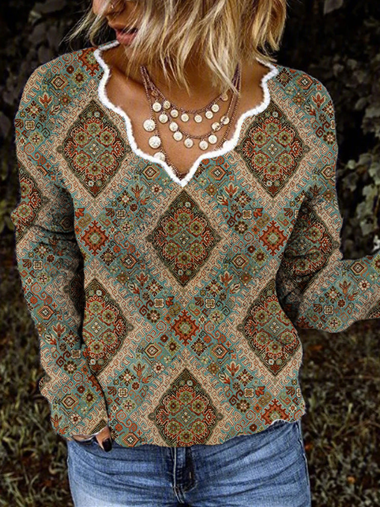 Women's Fashion Embroidered V-neck Printed Loose Long Sleeve Sweater