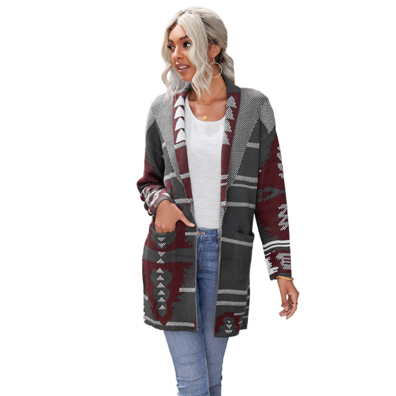 Long Printed Button Cashmere Knitted Cardigan Top Women