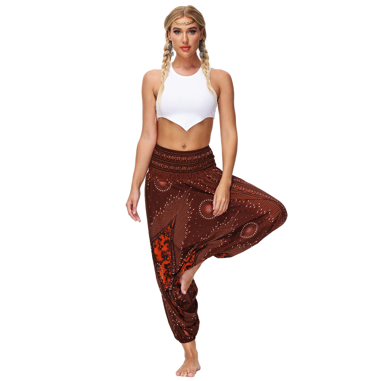 Peacock Feather Ethnic Dance Loose Crotch Ankle Banded Slacks
