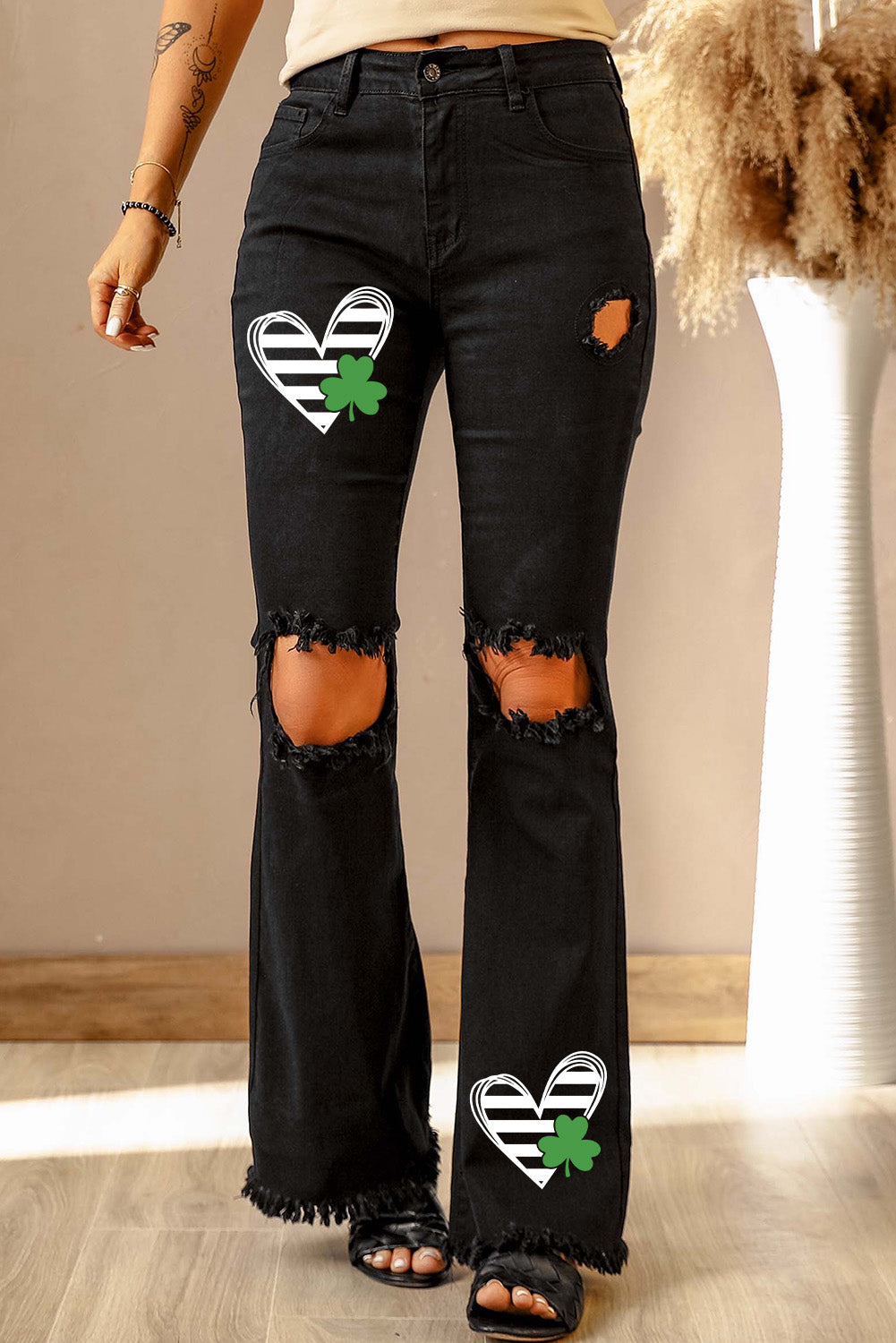 High Waist Ripped Bell Bottom Jeans