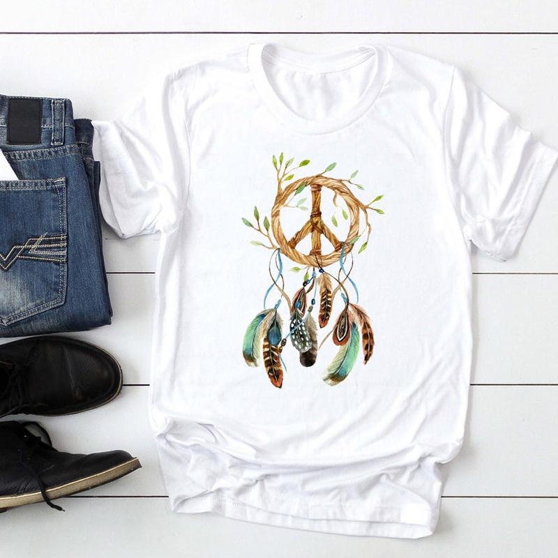 Women's Feather Printed Watercolor Short-sleeved T-shirt
