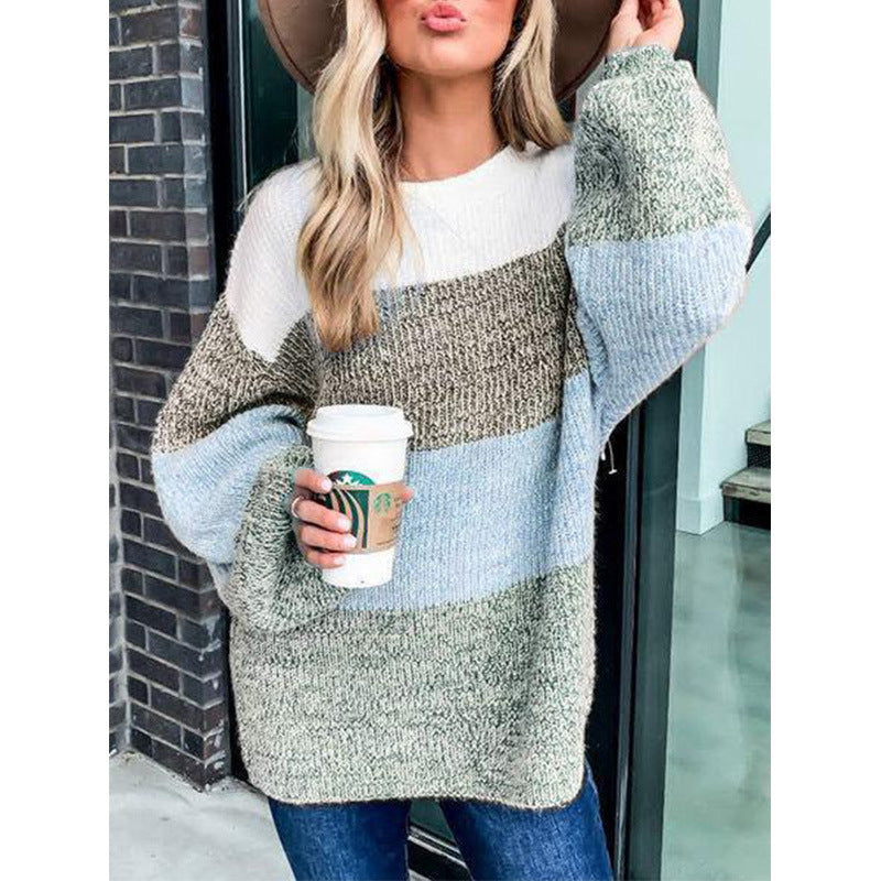 Knitted Loose Color-blocking Long-sleeved Sweater